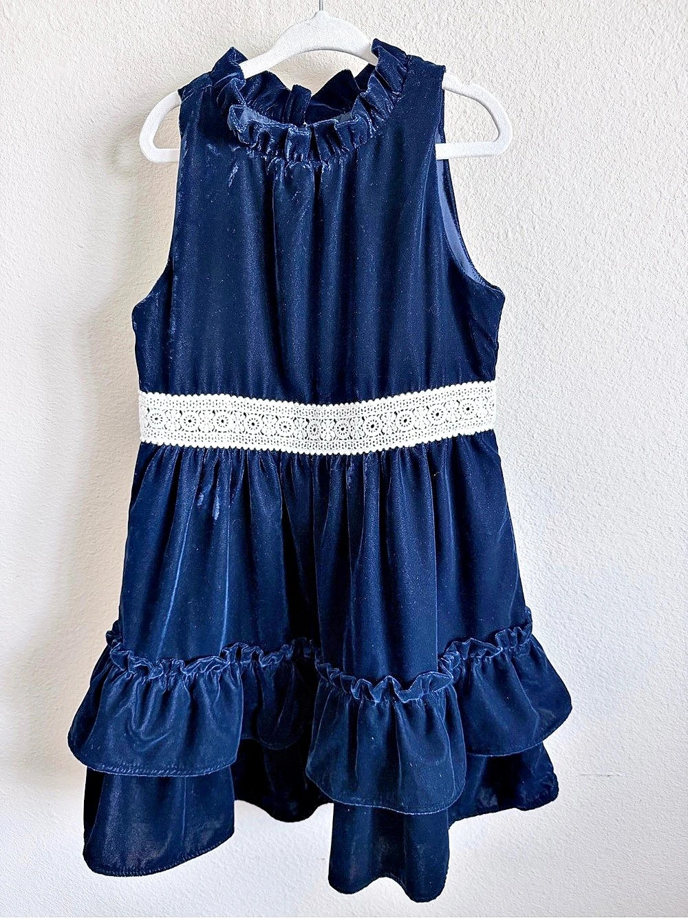 Janie and Jack Girls Navy Velvet Velour Ruffle Dress Size 6
